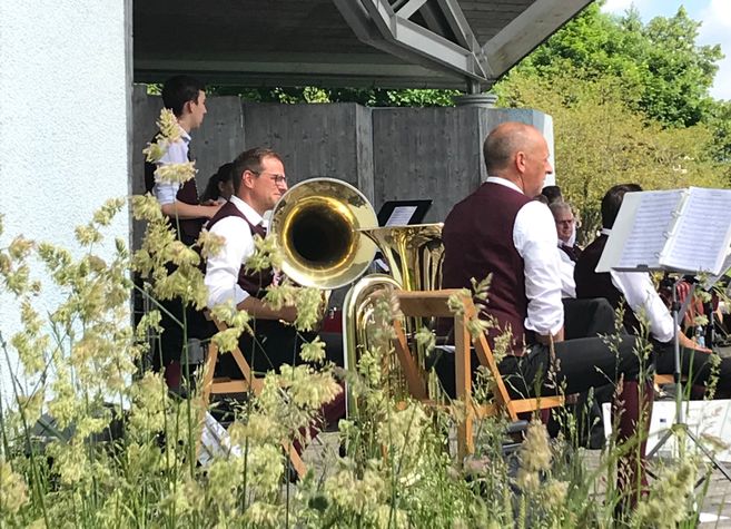 Hinter einer Reihe an Gräsern eine Musikgruppe in roten Westen auf Holzstühlen sitzend, mit Blasinstrumenten und Noten auf Notenständern. Sie sitzen mit dem Rücken nach links im Musikpavillon der hell beleuchtet ist..