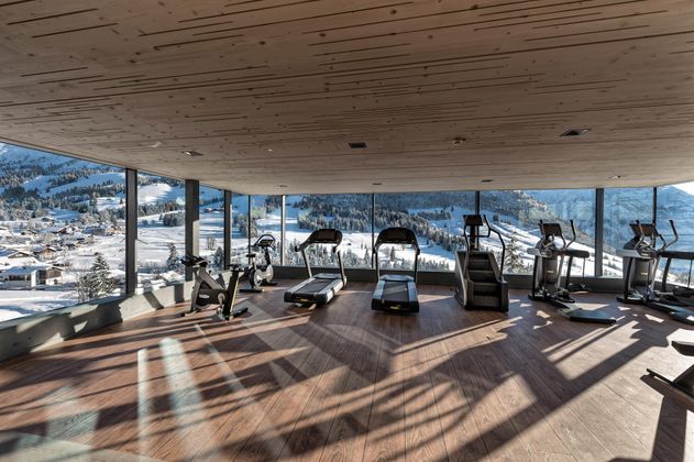Ein moderner Fitnessraum mit großen Fenstern und Blick auf schneebedeckte Berge. Mehrere Laufbänder und Fahrräder sind auf dem Holzfußboden angeordnet.