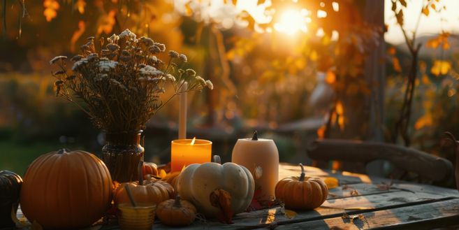 Atmospheric autumn decoration on wooden table in backlight: pumpkins, burning candles, and dried flowers.