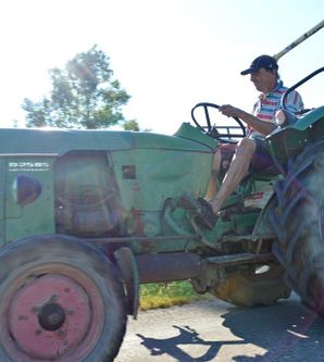 Ein Landwirt fährt auf einem alten Traktor auf einer Straße. Im Hintergrund sind Bäume und eine sonnige Landschaft zu sehen.