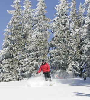 Skifahrer in roter Jacke fährt einen verschneiten Hang hinunter.