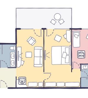 Eine einfache Grundrissskizze einer Wohnung mit mehreren Zimmern. Die Räume sind farblich markiert und zeigen Möbelanordnungen.