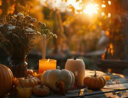 Atmospheric autumn decoration on wooden table in backlight: pumpkins, burning candles, and dried flowers.