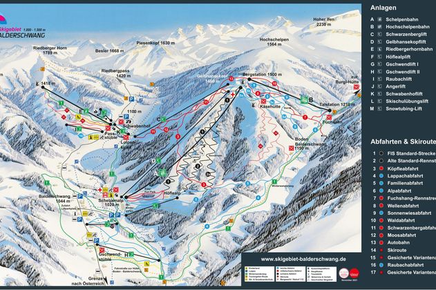 Detaillierte Skigebietskarte von Balderschwang mit eingezeichneten Liftanlagen, Pisten und Höhenangaben.