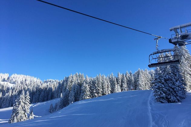 Blick von einem Skilift auf eine verschneite Landschaft mit dichten, weißen Tannenbäumen.