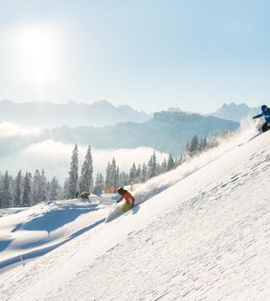 Zwei Skifahrer fahren durch steilen Tiefschnee, dahinter ein eindrucksvolles Bergpanorama unter strahlend blauem Himmel.