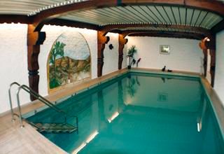 Ein eleganter Innenpool mit klarem Wasser und Holzverkleidung. Die Wände sind dekoriert und schaffen eine entspannte Atmosphäre.